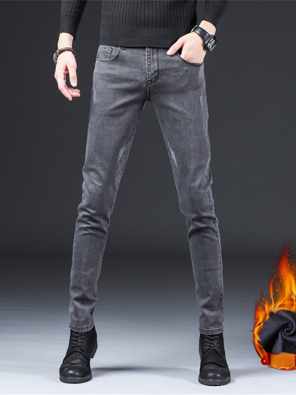 Abbigliamento uomo jeans invernali da uomo Jeans caldi in pile uomo Business addensare pantaloni in Denim Stretch pantaloni Slim Fit per jeans da uomo