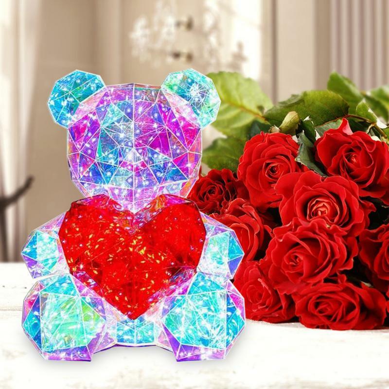 Lampu malam beruang Led 3D, lampu malam Led 3D dengan hati bercahaya Unik dekorasi meja hadiah bersinar lampu malam beruang pemegang hati