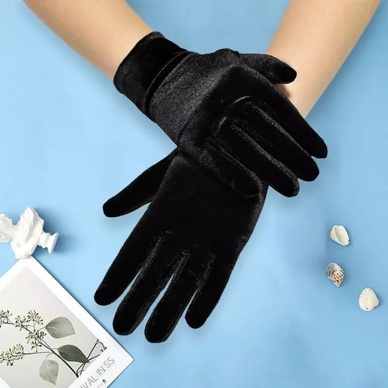 Short Opera Velvet Gloves for Women Flapper Stretchy Wrist Length Banquet Gloves Tea Party Halloween Costume Gloves