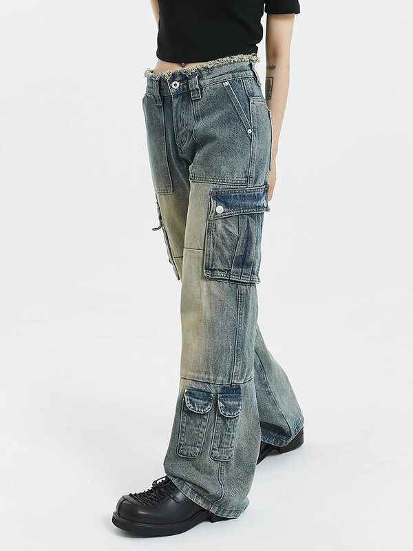 Reddic Jeans kargo pria tepi kasar pinggang rendah Jeans longgar bersaku besar Distressed celana kaki lebar kasual Korea Y2k Streetwear