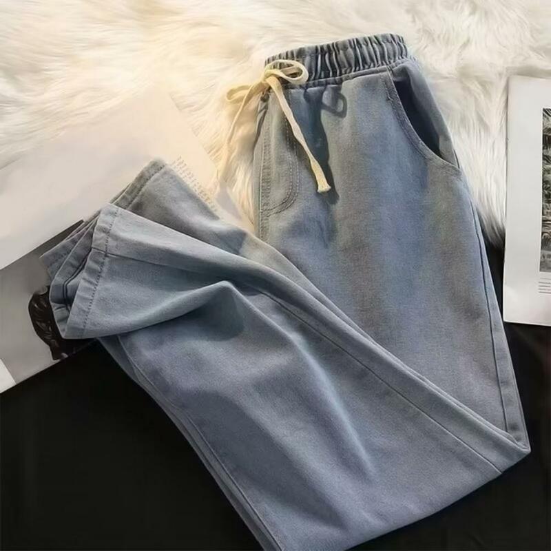 Celana panjang jins pria, celana panjang Denim kasual Korea Vintage elastis pinggang lurus kolor lembut polos S-5XL musim gugur musim dingin