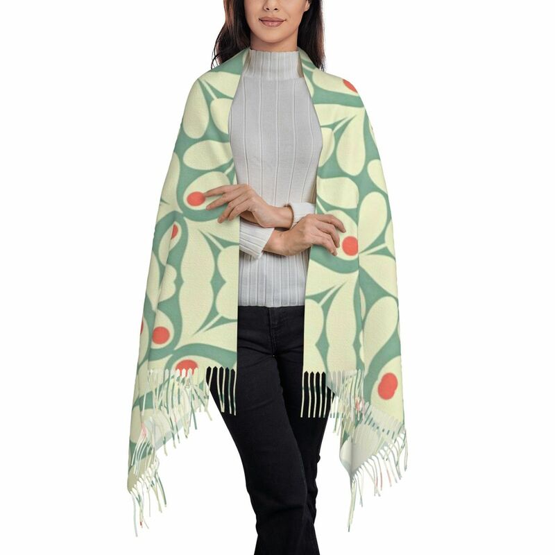 Lady Long Orla Kiely Floral szalik zimowa, jesienna, gruba, ciepła chusta z frędzlami