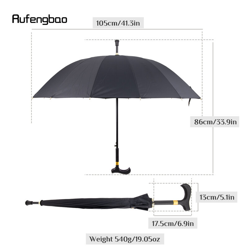 ร่มอ้อยกันลมอัตโนมัติสีดำร่มที่มีด้ามยาวขยายใหญ่สำหรับทั้งแสงแดดและฝนตกไม้เท้าขนาด86ซม.