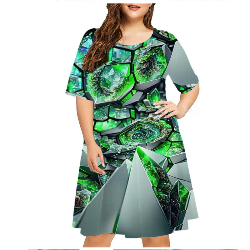 Mini vestido com estampa 3D feminino, manga curta, decote em O, solto, plus size, casual, verão, nova chegada, moda, 5XL, 6XL, 2023