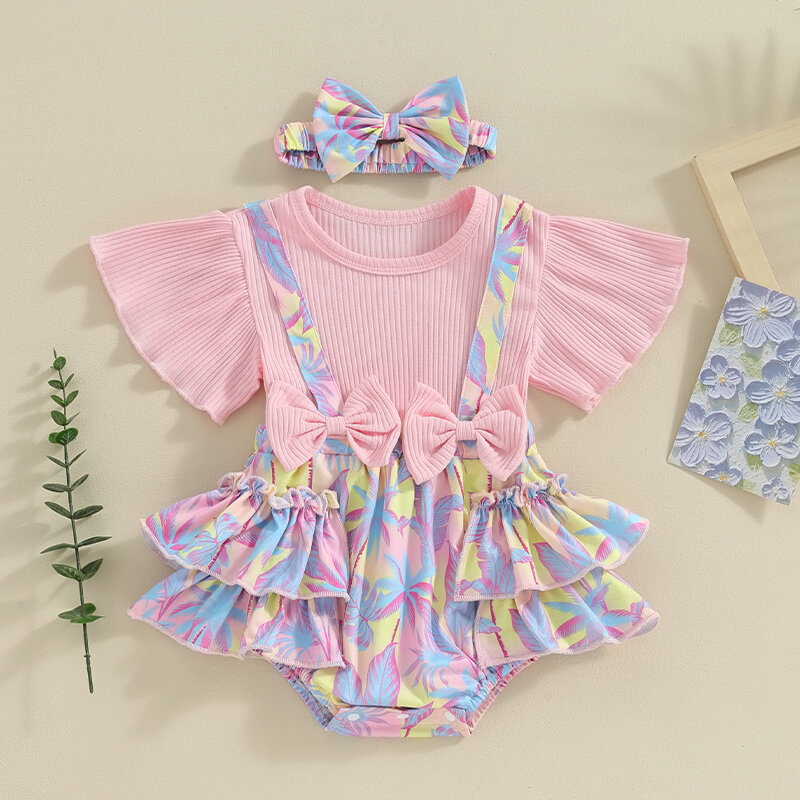 Newborn Infant Baby Girls Lovely Outfit Short Sleeve Tree Print A-line Romper Dress with Bowknot Headband Clothes Princess Dress