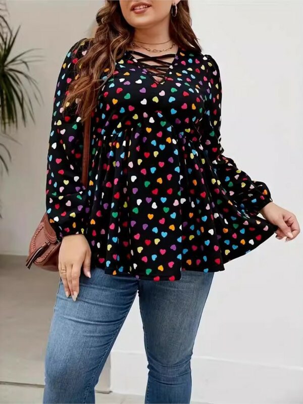 Plus Size Lente Zomer Love Print Pullover Tops Vrouwen Ruche Geplooide Dames Blouses Lange Mouw Casual Losse Vrouw Tops