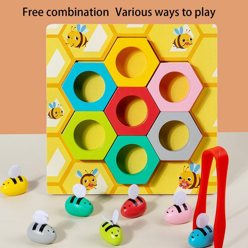 Montessori drewniane pszczoły i plaster miodu pasujące do sortowania kolorów zabawki małe dzieci z umiejętnościami motorycznymi dla 2-latków zabawki edukacyjne dla dzieci