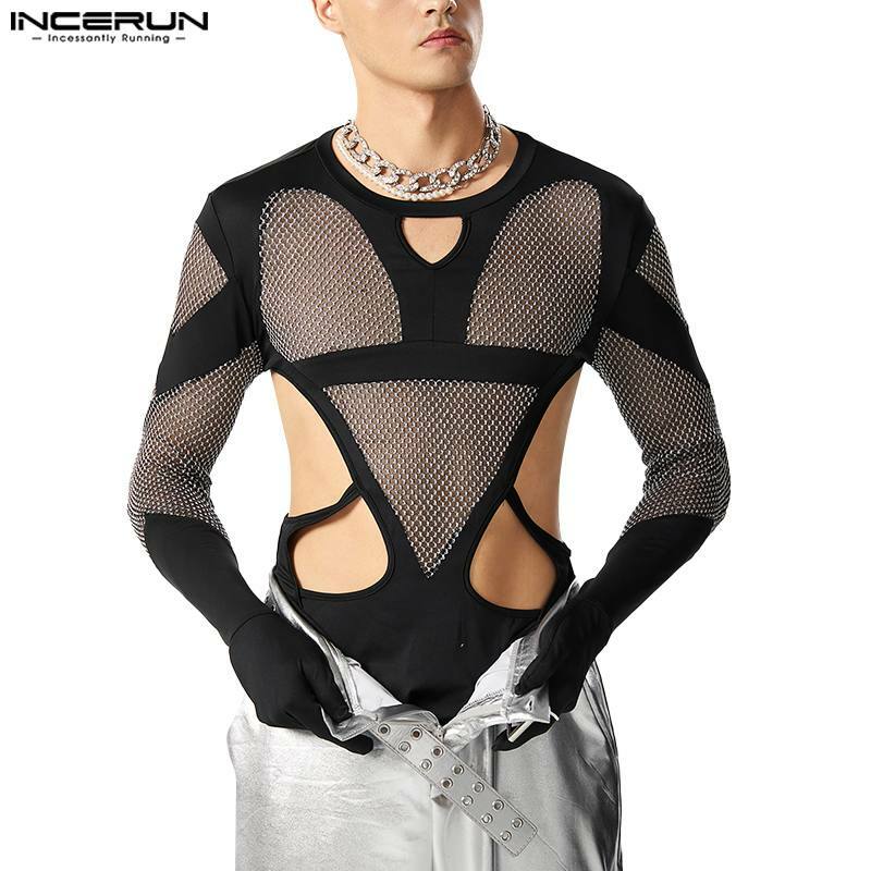INCERUN-Mono de malla con guantes transparentes para hombre, Camiseta con cuello redondo, manga larga, S-5XL, 2023