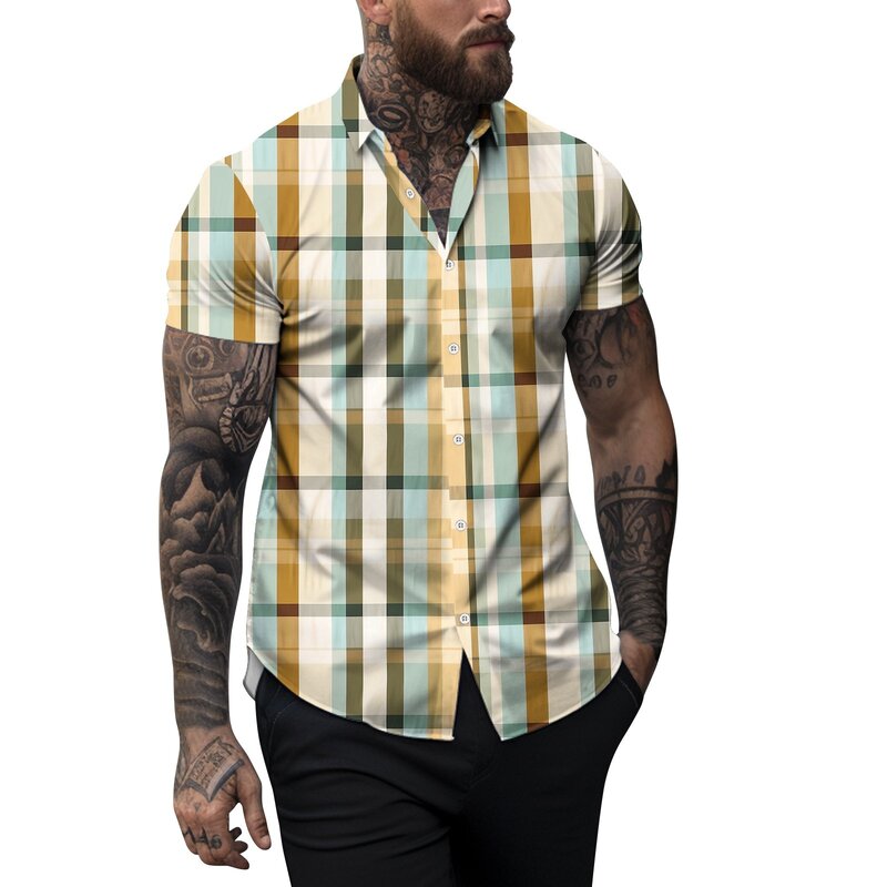 Camisa casual de lapela xadrez estampada masculina, blusa manga curta, moda masculina elegante, confortável, primavera, verão