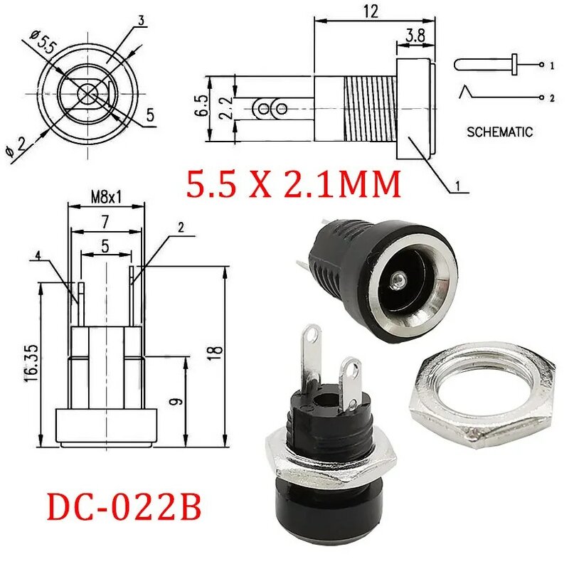 DC Power Supply Carregamento Soquete, Painel Feminino Conector de Montagem, Adaptador Jack, 3A, 12V, 3.5x1.3, 5.5x2.1, 2.5mm, DC-022B, 10Pcs