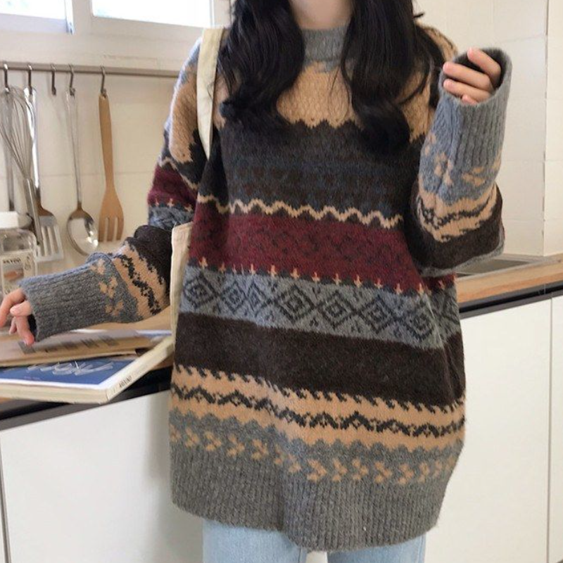 Винтажный зимний полосатый джемпер, Свободный пуловер в Корейском стиле, вязаный Повседневный свободный свитер, женский свитер