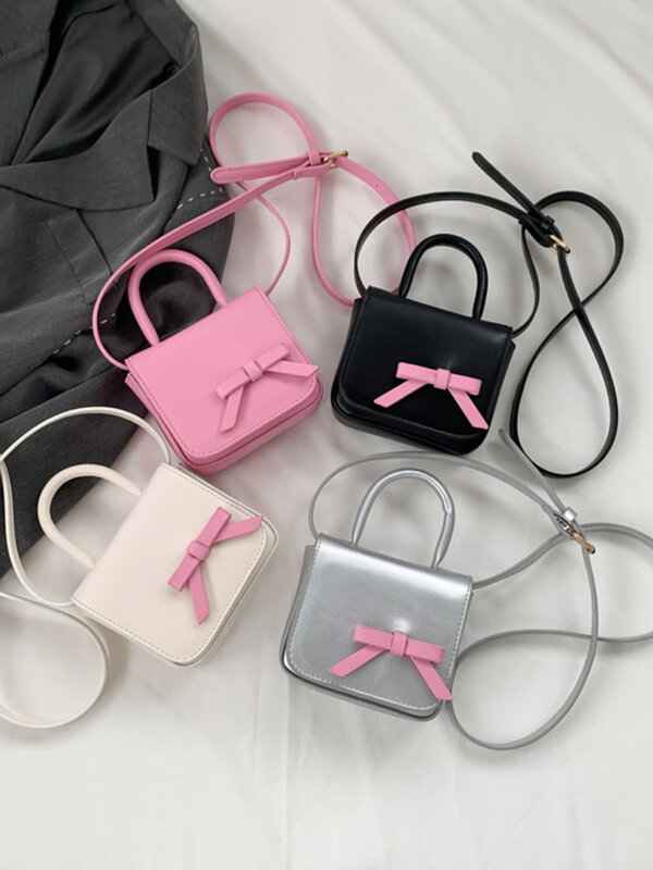 Bolso pequeño cuadrado con lazo rosa para mujer, Mini bolso cruzado de cuero Pu con textura de retales para estudiantes, a la moda, 2024