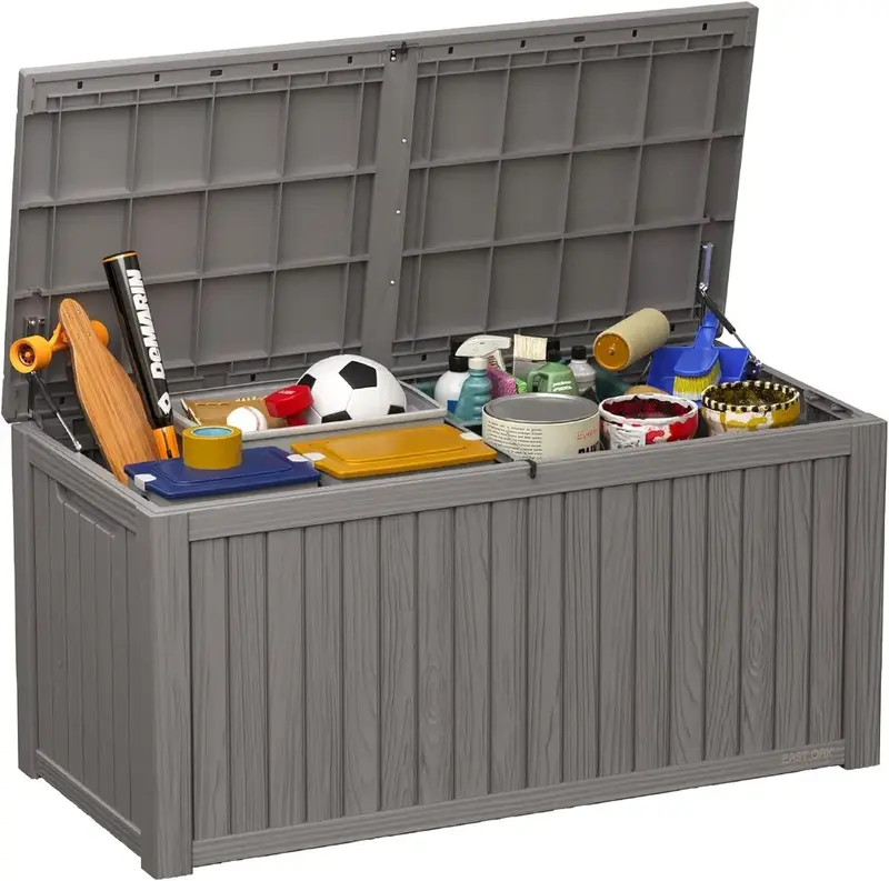 صندوق تخزين مع قفل لأثاث الفناء ، صندوق سطح رمادي ، أدوات بستنة ، لوازم مسبح ، وسائد خارجية ، غالون