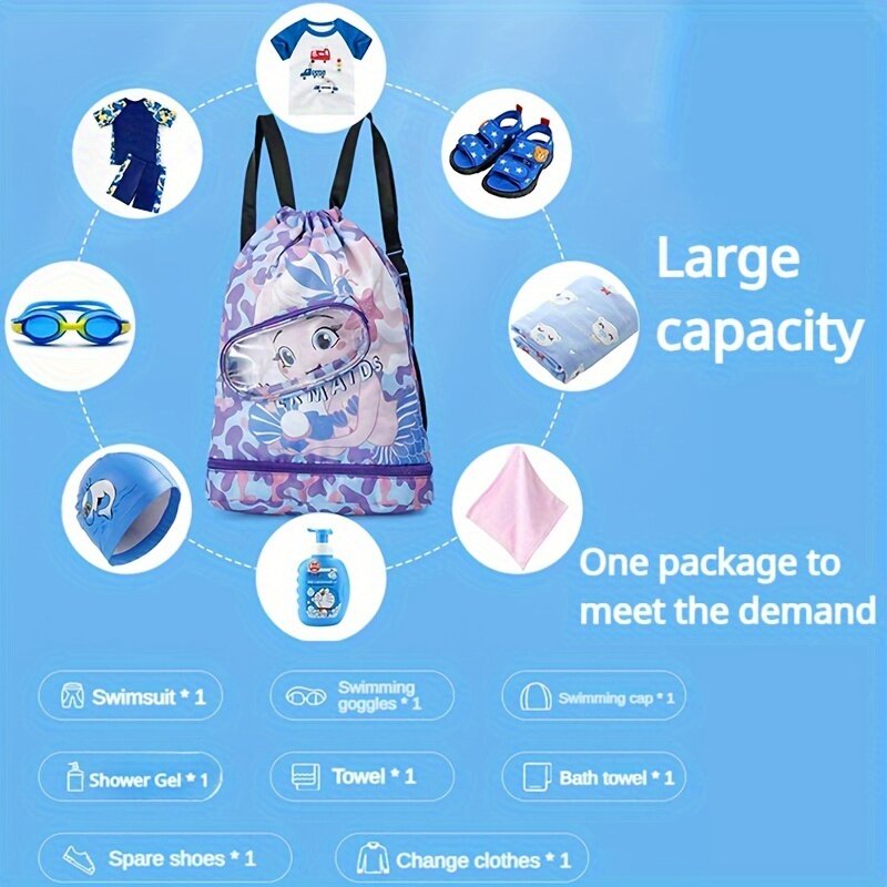Плавательная сумка для девочек и мальчиков с мультипликационным рисунком, Детский водонепроницаемый рюкзак с разделением для сухой и влажной уборки