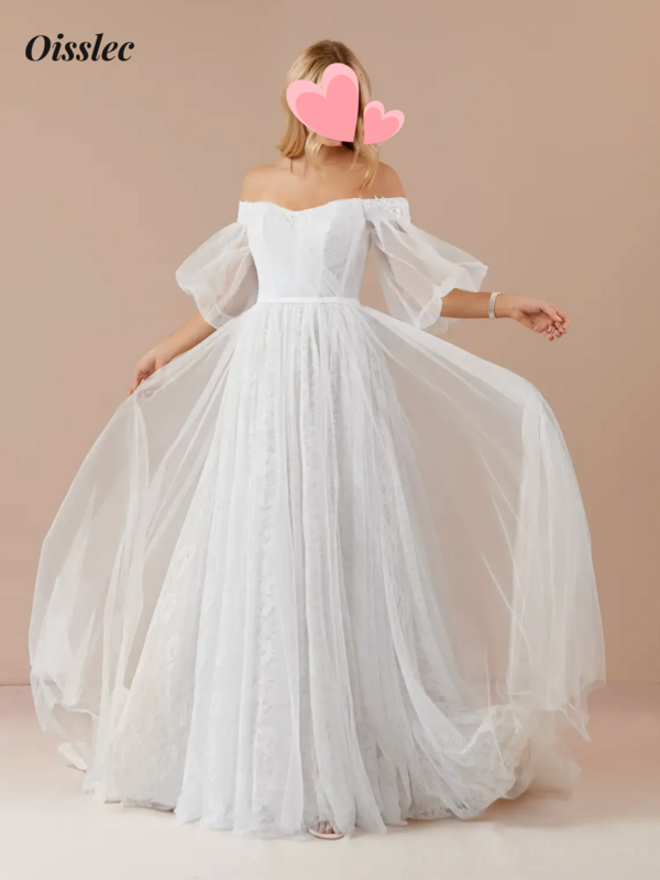Oisslec Hochzeits kleid schulter freier Ausschnitt Brautjungfer kleid bedeckt Knopf Ballkleid Spitze Stickerei Abendkleid rücken frei