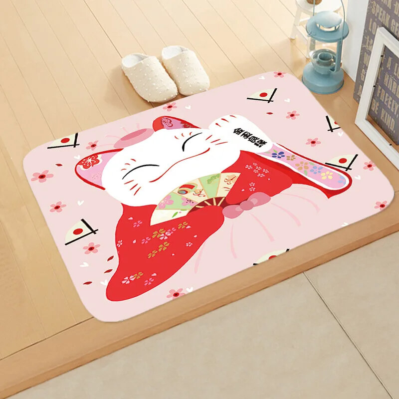 Придверный коврик в японском стиле с изображением счастливой кошки, мультяшный дизайнерский нескользящий коврик для гостиной, спальни, ванной комнаты, Декоративный Напольный коврик с забавными кошками
