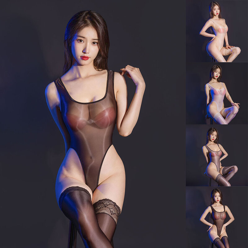 Women Sexy Oil Shiny Bodysuit See Through Ultra-thin Lingerie Crothless Smooth Jumpsuit Hight Cut T-back Underwear Erotic Wear