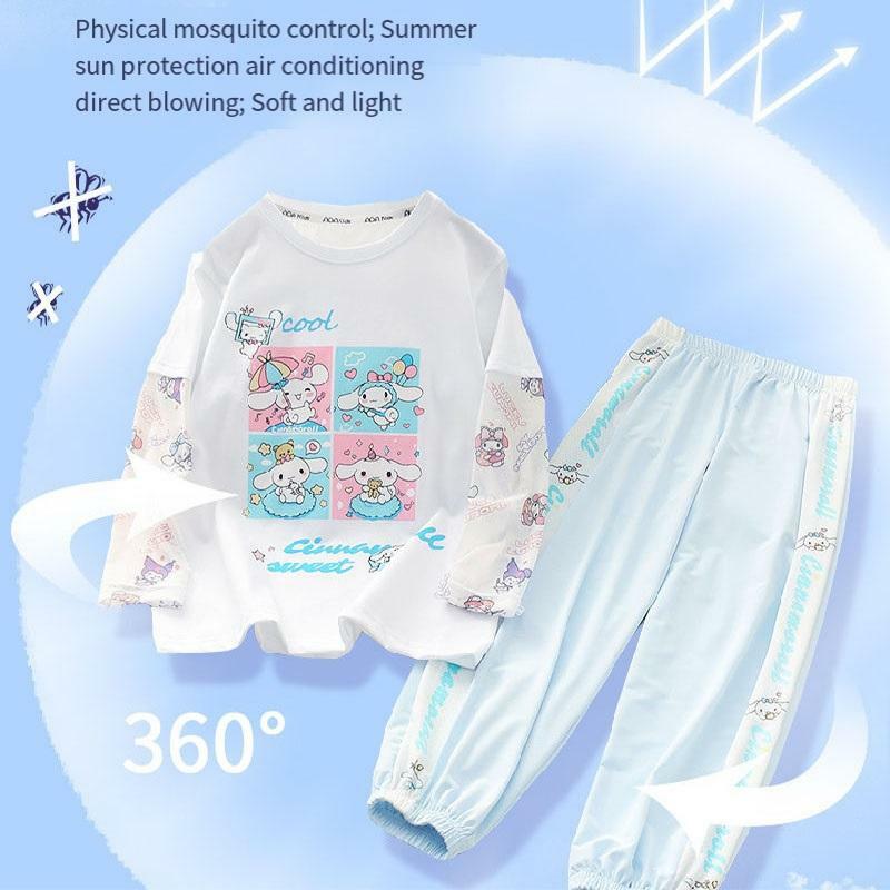 Sanrios My Melody-Conjunto de dos piezas para niña, traje de verano, camiseta, pantalones, Cinnamoroll, manga corta, protección solar, transpirable