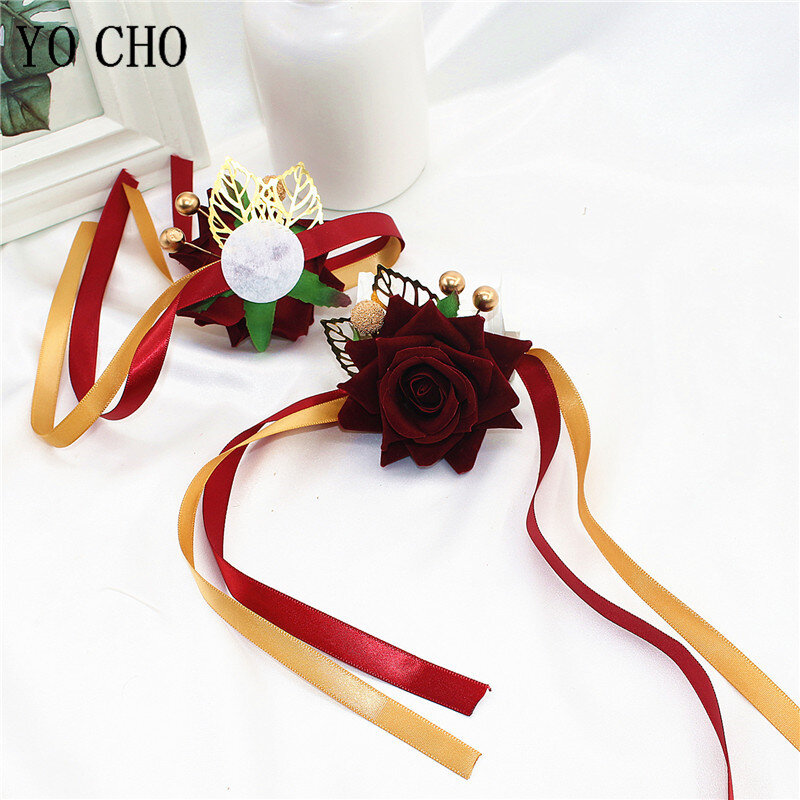 Bridesmaid Corsage Bracelet Wedding Wrist Corsage Flannel Rose Polyester Ribbon Party Prom Supplies Red White Bridal Hand Flower