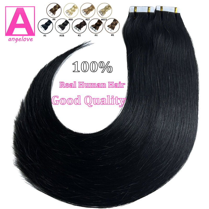 Straight Tape In Hair Extensions Skin Weft Tape in Hair Extensions Adhesive Invisible 100% Real Human Hair #4 26inches for Woman