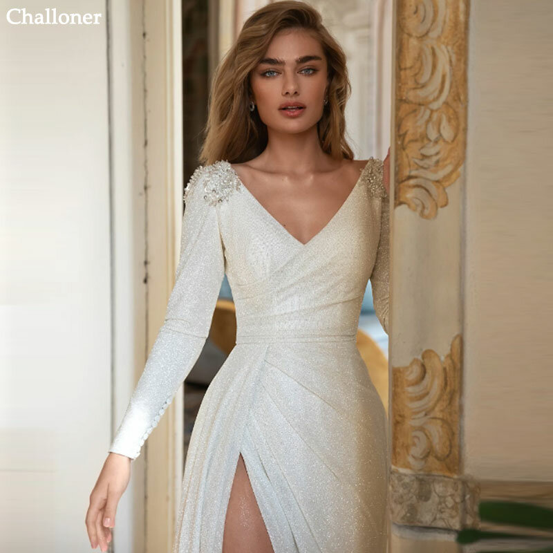 Challoner Sparkly Wedding Dresses Sheath V-Neck Long Sleeves Beaded Backless Bridal Gown Side Split Vestido De Noiva Court Train