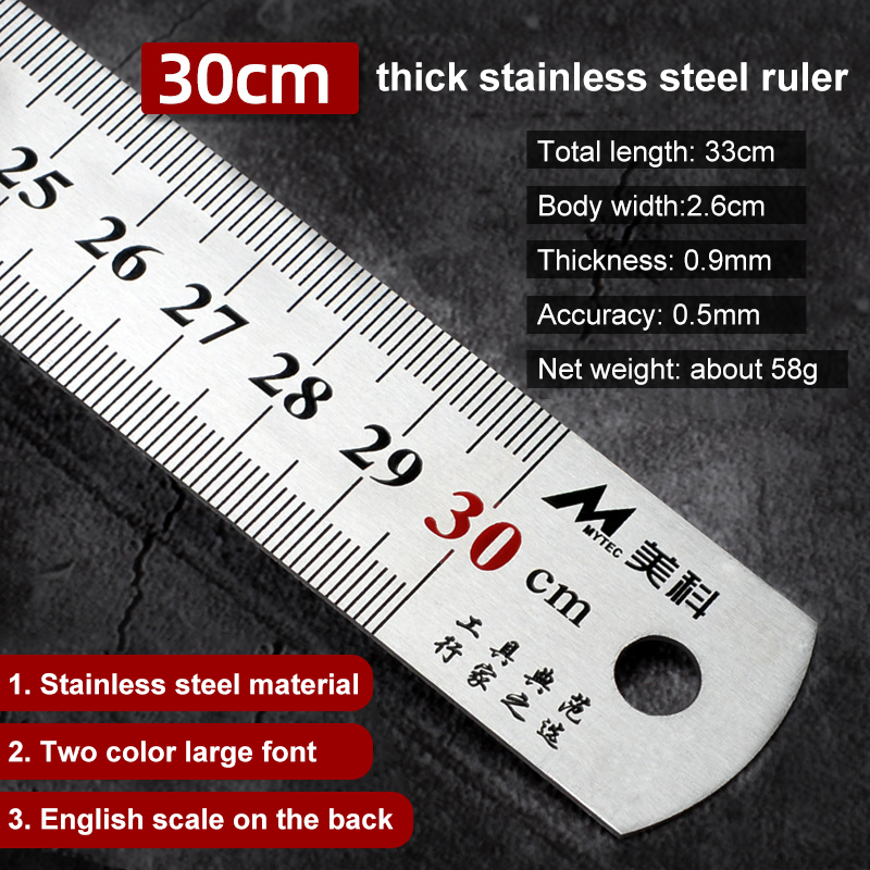 Régua reta dupla lateral de aço inoxidável, ferramenta de medição, acessórios escolares, centímetro, polegadas, escala, 15 cm, 20 cm, 30 cm, 50cm