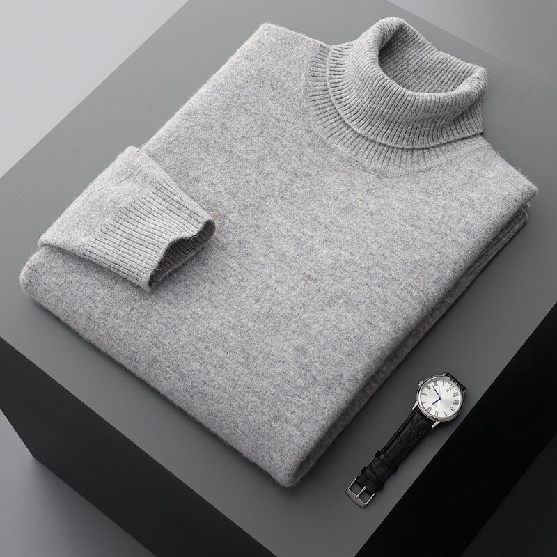Suéter de cuello alto grueso para hombre, camisa de fondo de lana 100%, tejido de cachemira de negocios, otoño e invierno