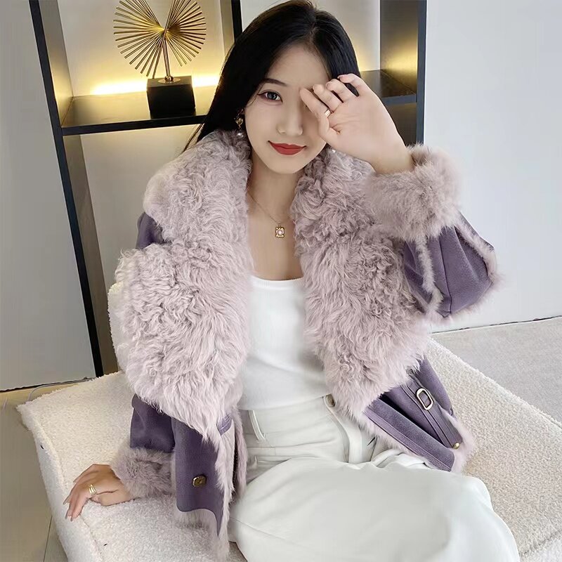 Giacche di pelliccia da donna invernali vera fodera in pelliccia di coniglio naturale collo di montone cappotto corto vendita calda Lnternet Celebrity Jacket