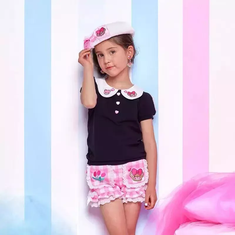 EM Love bordir pakaian anak, lengan pendek musim panas 2024 merek trendi baru 2-8 tahun