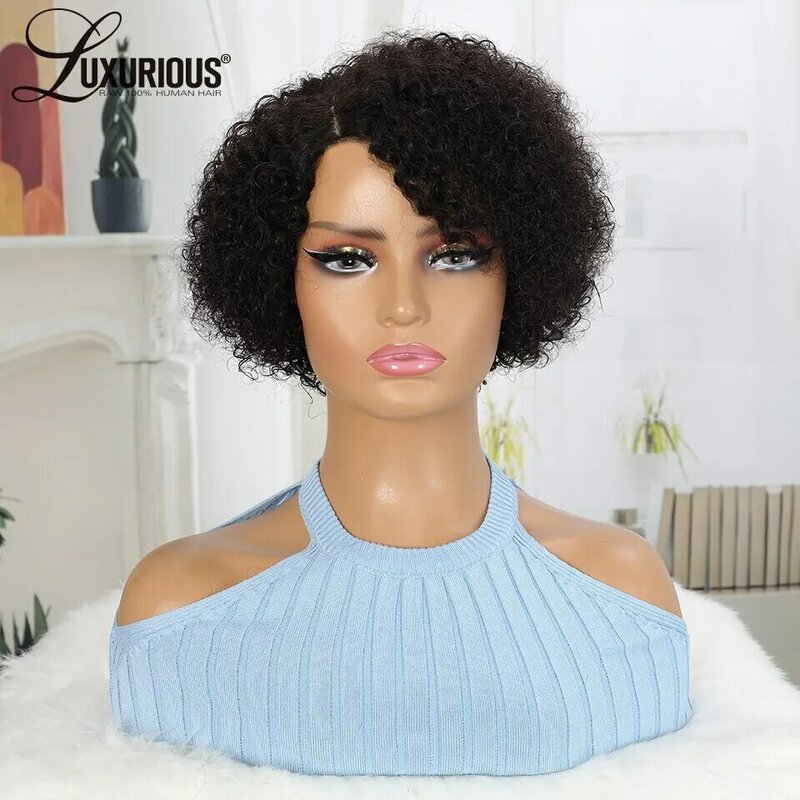 Pelucas de cabello humano brasileño rizado con flequillo, corte Pixie corto, Bob, 150% de densidad, hechas a máquina para mujeres