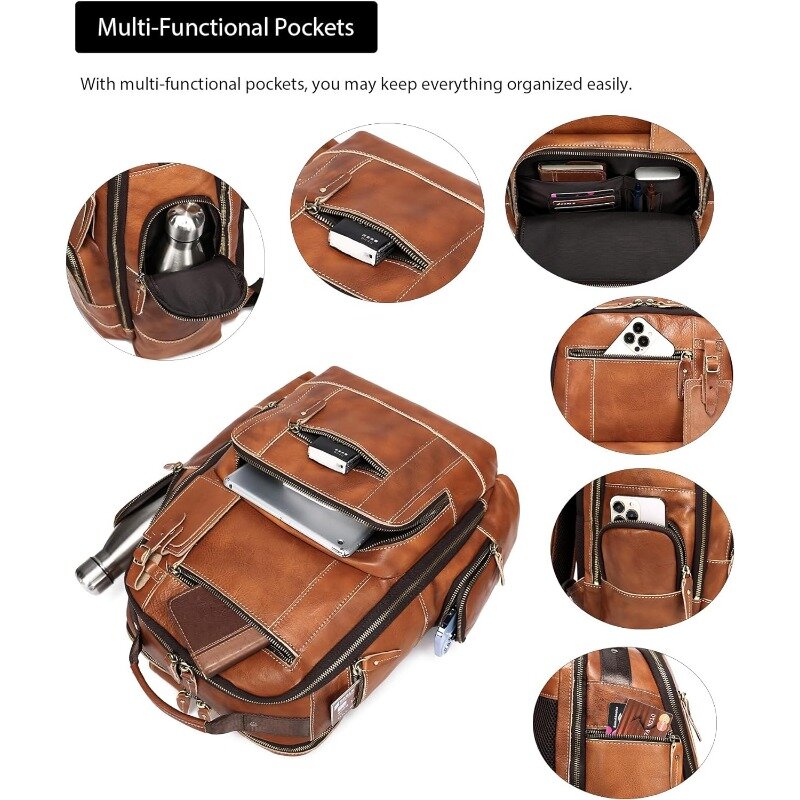 Мужской рюкзак из натуральной кожи, дорожный рюкзак для ноутбука 15,6 дюйма, 24 л
