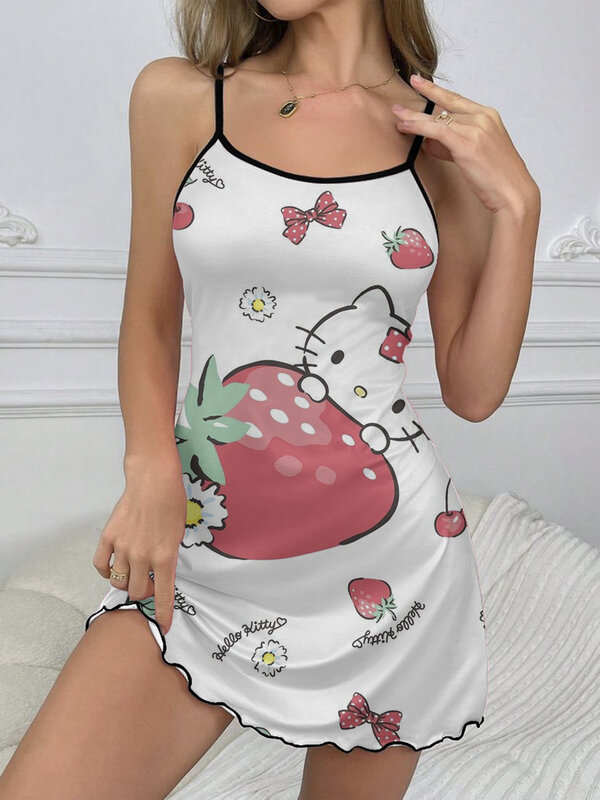 Sukienka wsuwana Eleganckie sukienki dla kobiet Sałata Wykończenie Hello Kitty Satynowa powierzchnia Crew Neck Piżama Spódnica Moda Lato 2024 Szykowna Mini