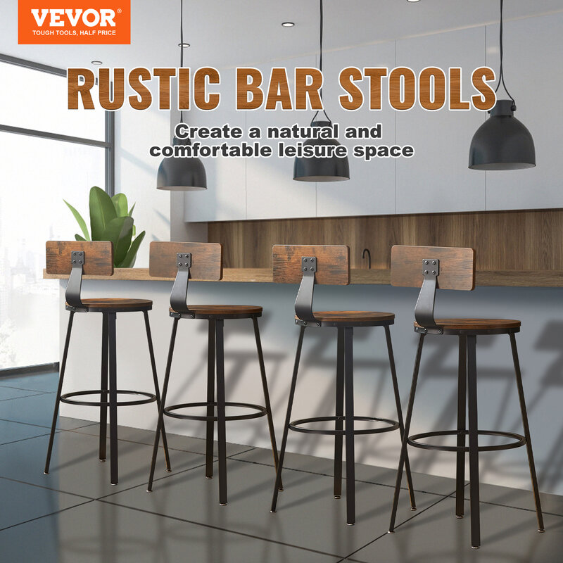 VEVOR Rustic Bar Stools, Set of 2 Bar Chairs with Backrest Footrest Steel Frame Adjustable Feet, Wooden Industrial Kitchen Stool