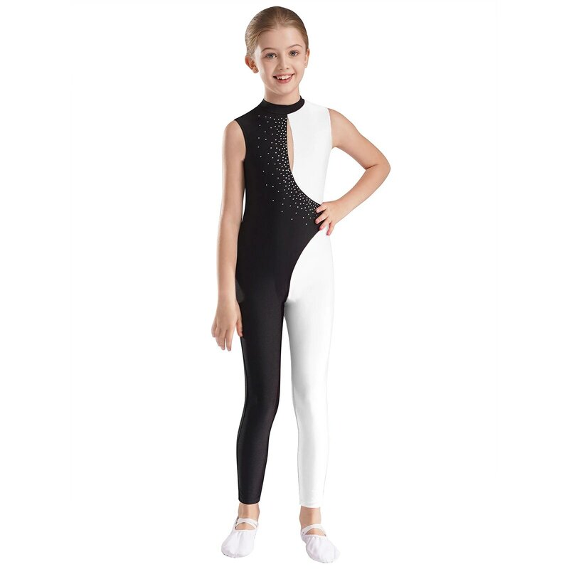 Kids Girls Figure Skating Dance Bodysuit Costumes Glittery Rhinestones Contrast Color Keyhole Back Sleeveless Performance Outfit
