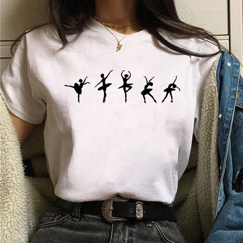 T-shirt de Ballet Noir Vintage en Coton, Haut Décontracté Imprimé, Base pour Femme Américaine, 100%