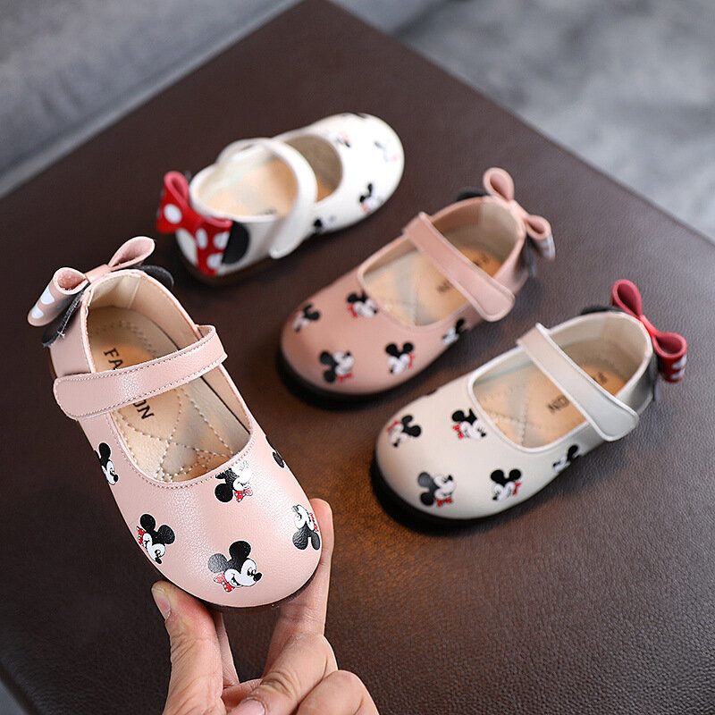 Mickey Cartoon print Princess Girls scarpe in pelle Bowknot tacchi piatti scarpe a farfalla singola bambini Fashion Girls regalo di compleanno