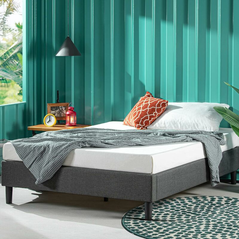 Marco de cama de plataforma tapizada, base de colchón, soporte de tira de madera, no requiere caja de resorte, fácil de montar, gris, queen