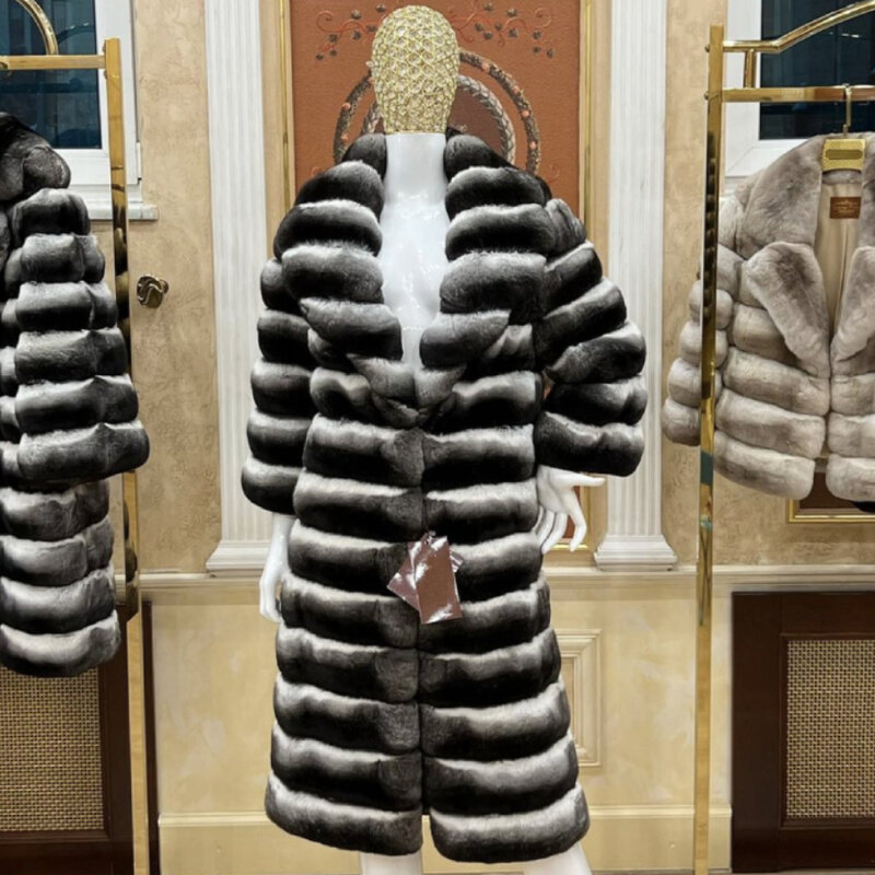 Najlepiej sprzedający się płaszcz z prawdziwego futra królika Rex kobiet długi szynszyla futro zimowe damskie kurtki futrzane marki kontrast ciepły