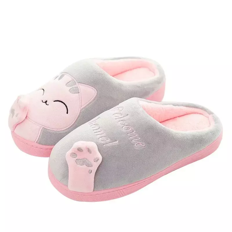 Plush Cartoon Cat Slippers para mulheres, sapatos quentes, redondos Toe Flats, interior, casa, quarto, chão, senhoras, peludo, inverno