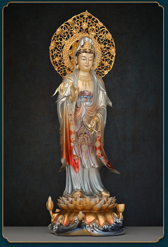 Chapeamento de ouro XI FANG SHENG SHENG Shakyamuni Deus Estátua, Guan Yin Mahasamaprapta buddha, Início Santuário Proteção Figura, 68cm, Figura Superior