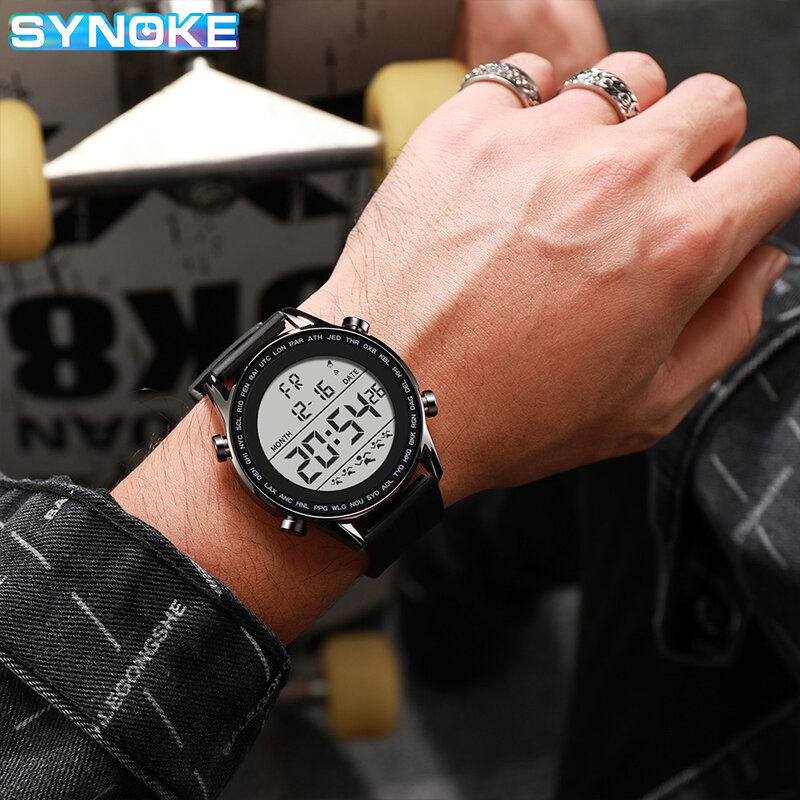SYNOKE Men นาฬิกาข้อมือเล่นกีฬากันน้ำอิเล็กทรอนิกส์นาฬิกา Ultra-Thin Design Big Numbers นาฬิกาข้อมือนาฬิกาผู้ชาย ...