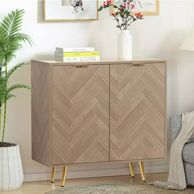 Anmytek Modern Sideboard Buffet Cabinet, Natural Oak Accent Cabinet with 2 Doors and Adjustable Shelf Spaicous Storage Cabinet f