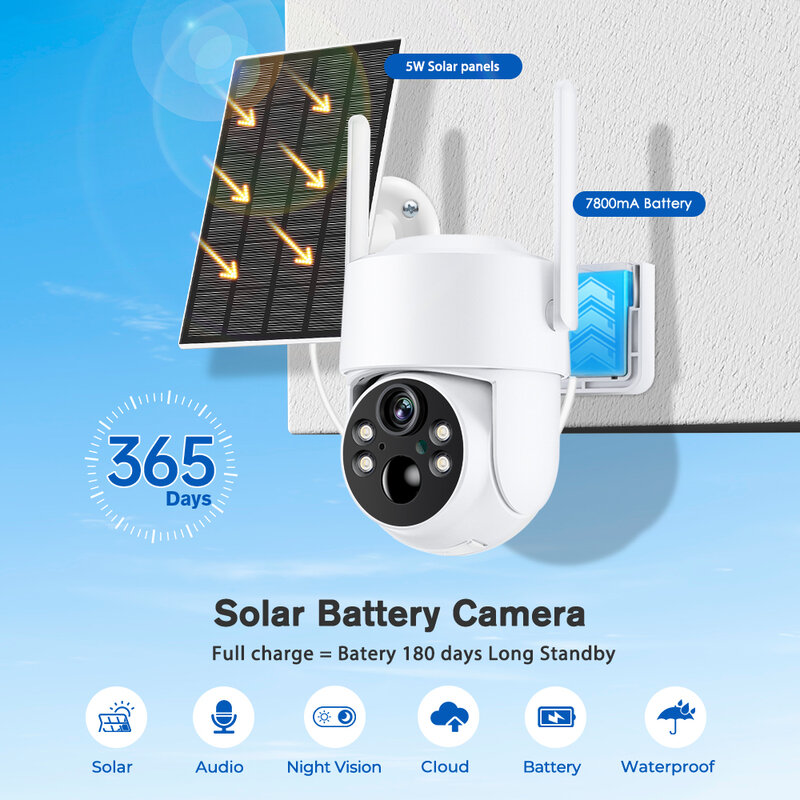 BESDER WiFi PTZ Camera Outdoor Wireless Solar IPCamera 4MP HD Built-in Battery Video Surveillance Camera Long Time Standby iCsee