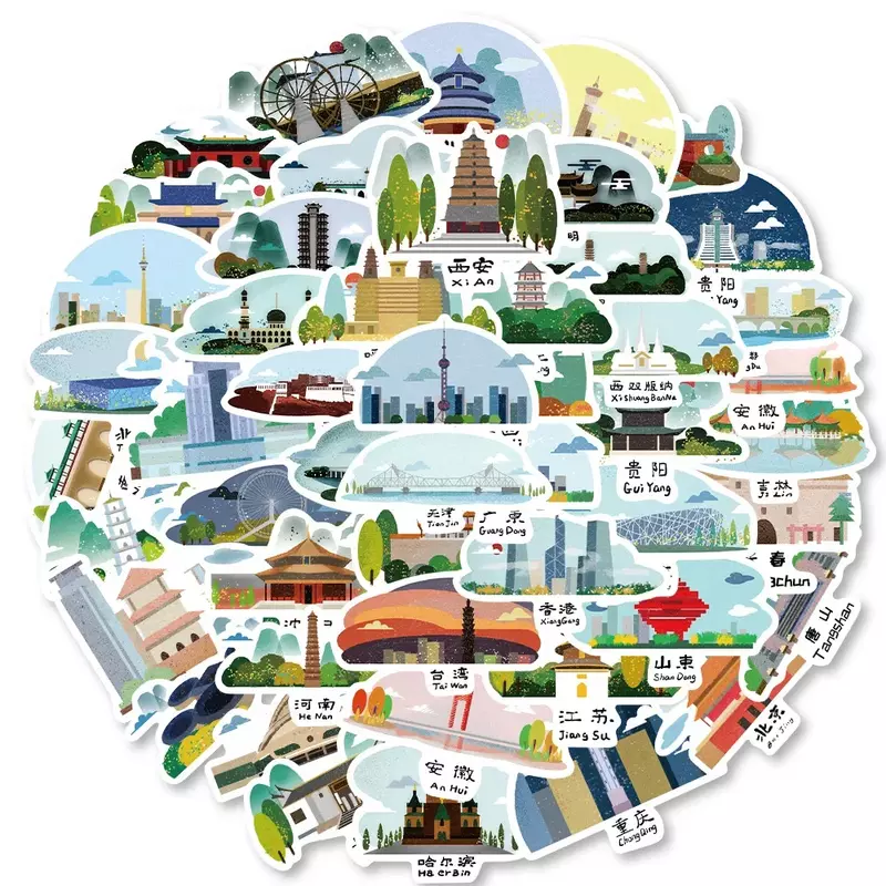 50Pcs China City Landmarks Stickers Suitcases Laptop Mobile Phone Guitar Water Cup Skateboard Decals Graffiti Sticker