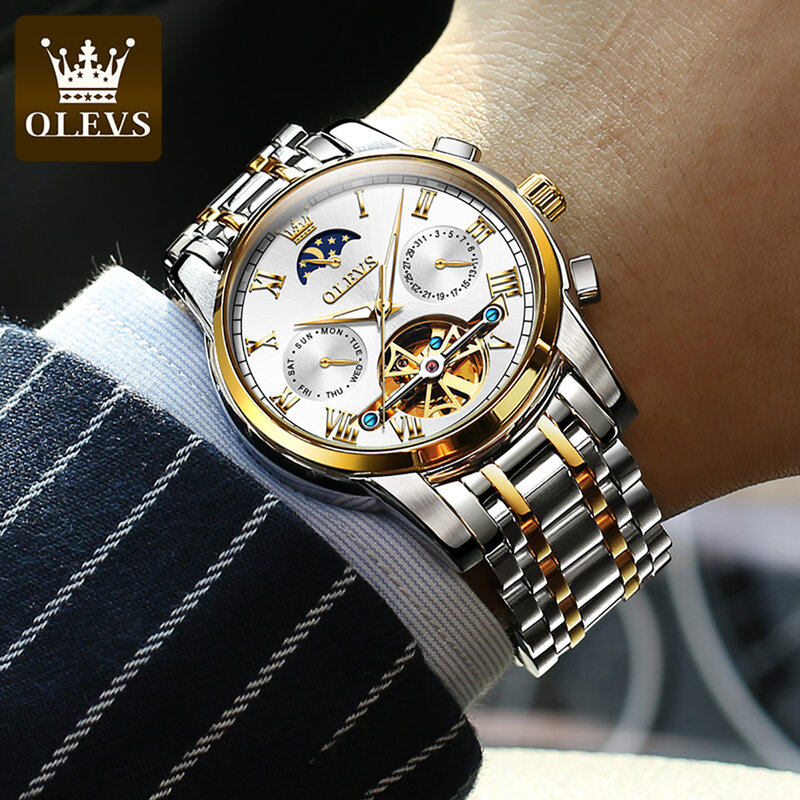 OLEVS 남성용 정품 자동 기계식 시계, 럭셔리 브랜드 문페이즈 뚜르비옹 손목시계, 방수 야광 문워치