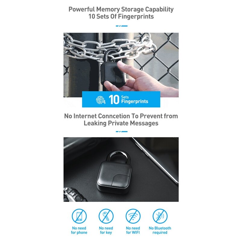 Fingerprint Padlock, Multifunction Anti Theft Keyless Padlock For Lockers IP 65 Waterproof USB Rechargeable