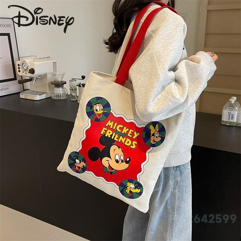 Disney tas tangan wanita, tas bahu perempuan kanvas kualitas tinggi, modis, tas belanja kartun ringan 2024