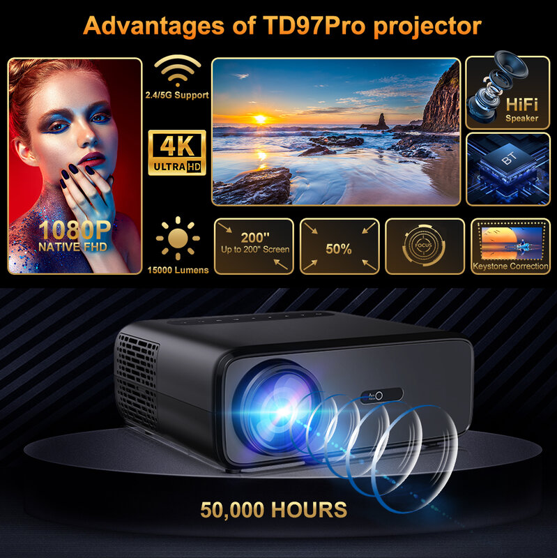 Full HD-проектор ThundeaL TD97 Pro WiFi 6 Full HD 1080P проектор TD97Pro Android версия WiFi светодиодный 2K 4K видео кино смарт-проектор PK DLP домашний кинотеатр проектор поддержка Bluetooth Настроить на Андроид/IOS