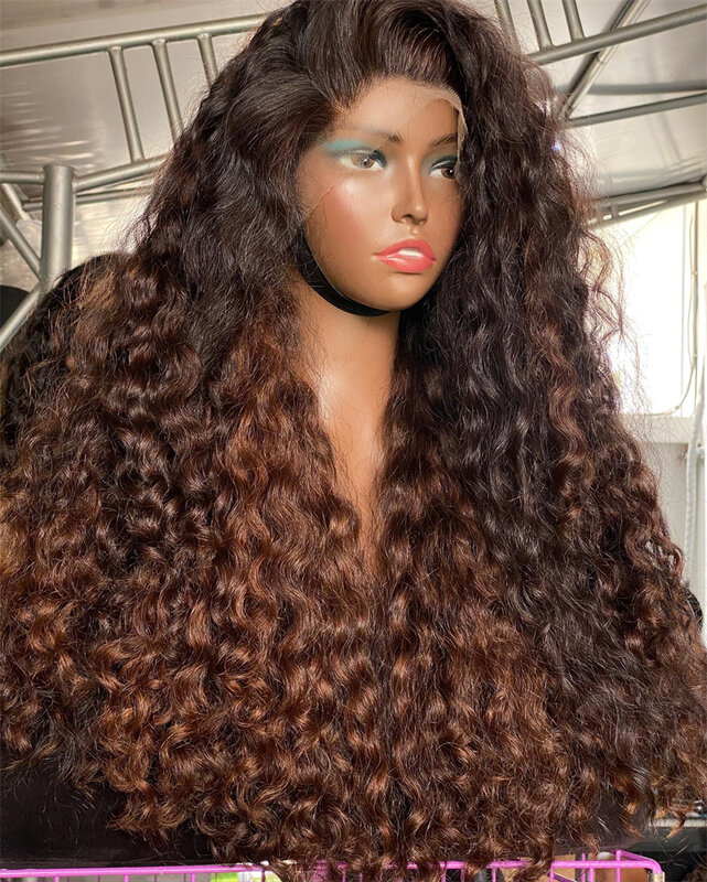 Brown 30# Highlights Lace Frontal Wigs Curly Real Human Hair Wig for Women 500% High Thick Density Lace Front Wig 32 inchs Qearl