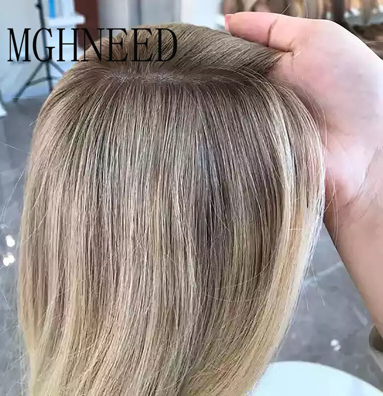 MGHNEED-Peluca de cabello humano liso, postizo de encaje frontal con raíces oscuras, color rubio brasileño, Hd, transparente, natural